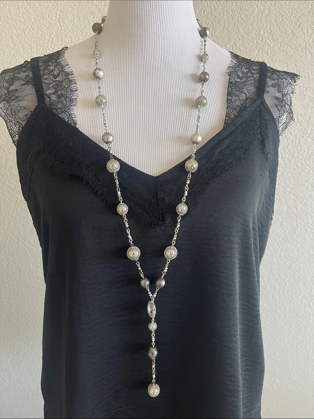 Elegant Black Lace Trim Cami with Long Silver Beaded Necklace